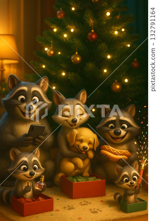 Charming Seasonal Illustration Showing a Friendly Raccoon Family Exchanging Gifts Enjoying Warm Ambient Lighting and Joyful Expressions Around a Sparkling Christmas Tree 132791164