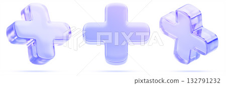 3d set of holographic glass cross symbols. Health icons with purple blue gradient for medical app, healthcare website, hospital or pharmacy design. Math plus sign, addition operation. 3D illustration 132791232