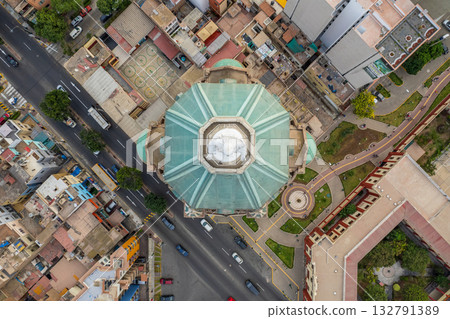 Aerial view of the Immaculate Heart of Mary Church, located in the district of Magdalena. Lima 132791389