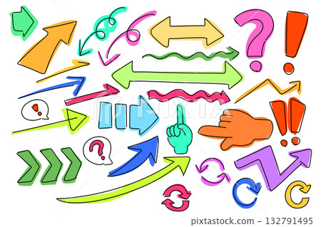 手繪生動箭頭、指向的手指和符號插圖集 132791495