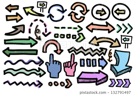 一組手繪彩色箭頭和指示標誌 132791497