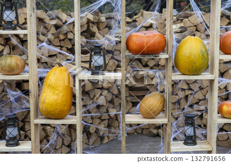 Large ripe pumpkins lie on the shelves of the rack, agricultural exhibition, Thanksgiving, Harvest Day Large ripe pumpkins lie on the shelves of the rack, agricultural exhibition, Thanksgiving, Harvest Day 132791656