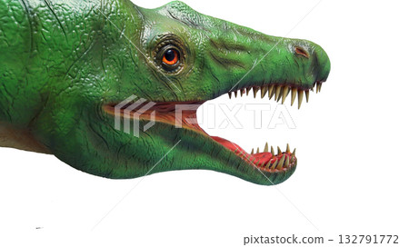 This image displays a vibrant green dinosaur sculpture head, featuring intricate skin textures, fierce eyes, and sharp teeth. The dinosaur appears ready to roar, captivating viewers with its realism. This image displays a vibrant green dinosaur sculpture head, featuring intricate skin textures, fierce eyes, and sharp teeth. The dinosaur appears ready to roar, captivating viewers with its realism. 132791772