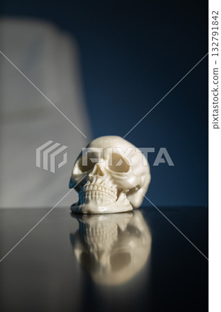 white skull is resting on a polished black table. The soft lighting creates a calm atmosphere while the dark background enhances its details and reflection. 132791842