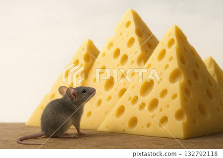 A mouse looks at mountains of cheese. Space for text. A mouse looks at mountains of cheese. Space for text. 132792118