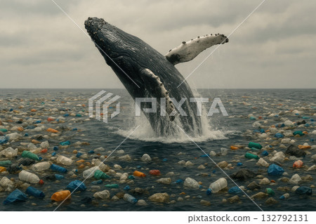 A whale jumping out of an ocean covered in plastic debris. A whale jumping out of an ocean covered in plastic debris. 132792131