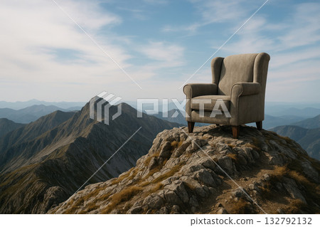An armchair standing on the top of a mountain as a symbol of success. Space for text. An armchair standing on the top of a mountain as a symbol of success. Space for text. 132792132