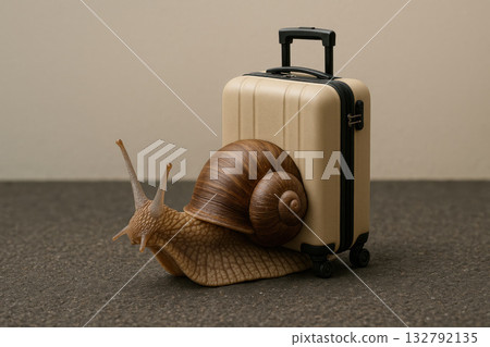 A snail pulling a suitcase is a symbol of slow travel. 132792135