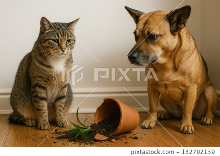 A cat and a dog next to an overturned pot and scattered earth. A cat and a dog next to an overturned pot and scattered earth. 132792139