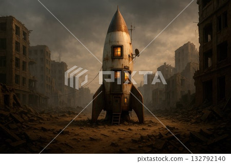 A rocket house among the ruins of a ruined city. A rocket house among the ruins of a ruined city. 132792140