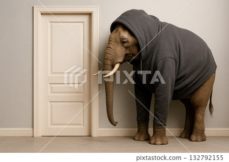 An elephant in a sweatshirt stands in front of the door of the room. 132792155