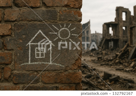 Drawing of a house and the sun on a wall in the middle of a ruined city. 132792167