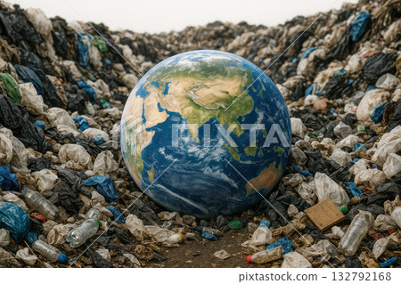Planet Earth among the dump of plastic garbage is a symbol of pollution. Planet Earth among the dump of plastic garbage is a symbol of pollution. 132792168