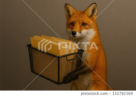 A fox holds a basket of folders. A fox holds a basket of folders. 132792169