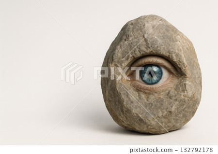 A stone with a human eye on a light background. Space for text. 132792178
