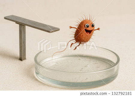A cheerful bacterium jumps into a petri dish at a run. 132792181
