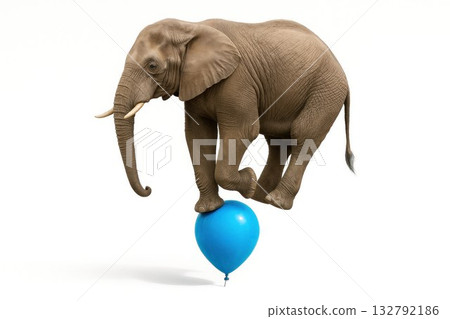 An elephant is balancing on a blue balloon. 132792186