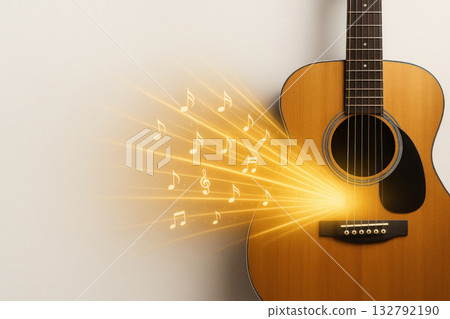 An acoustic guitar that emits luminous musical notes. Space for text. 132792190