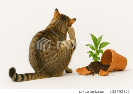 The cat is sitting next to an overturned and broken flower pot. Space for text. The cat is sitting next to an overturned and broken flower pot. Space for text. 132792191
