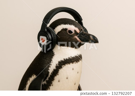 Penguin in headphones listening to music and enjoying. Space for text. Penguin in headphones listening to music and enjoying. Space for text. 132792207