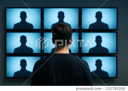 The man looks at many screens with shadows. 132792208
