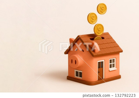 A piggy bank house into which gold coins fall. Space for text. A piggy bank house into which gold coins fall. Space for text. 132792223