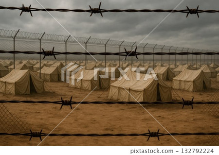 A camp of tents behind barbed wire under a gray sky. A camp of tents behind barbed wire under a gray sky. 132792224