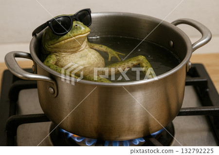 A frog in sunglasses sits relaxed in a pot of boiling water. A frog in sunglasses sits relaxed in a pot of boiling water. 132792225
