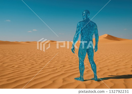 A blue man in the desert from the back. Space for text. 132792231
