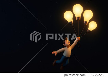 The character flies with light bulbs like balloons. Space for text. The character flies with light bulbs like balloons. Space for text. 132792239