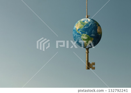 Planet Earth is suspended from a golden key on a rope. Space for text. 132792241