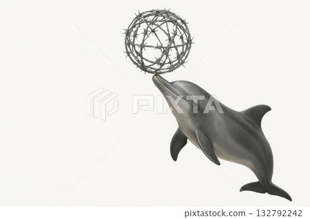 A dolphin juggles a ball of barbed wire. Space for text. 132792242