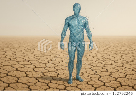 A man from the water, standing on the dried, cracked ground. 132792246
