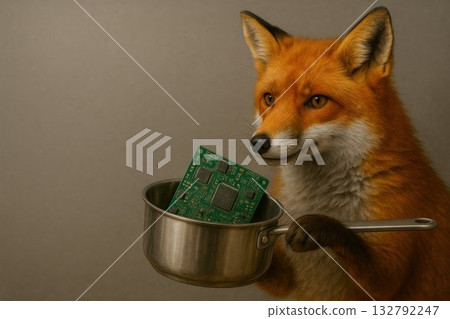 Fox holding a pan with a chip, nature and technology. Space for text. Fox holding a pan with a chip, nature and technology. Space for text. 132792247