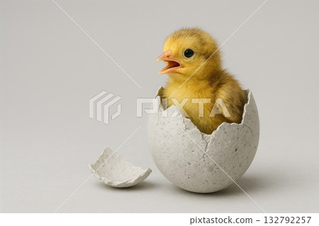 A chicken hatched from a stone egg on a gray background. Space for text. A chicken hatched from a stone egg on a gray background. Space for text. 132792257