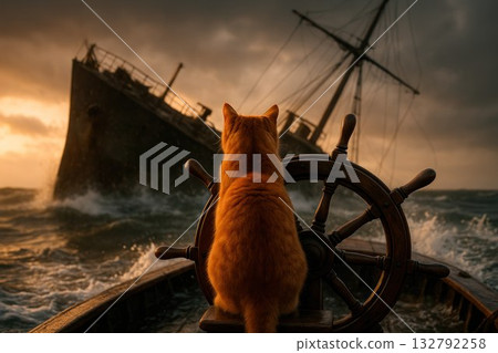 A cat steers a boat in a storm, heading for a sunken ship. A cat steers a boat in a storm, heading for a sunken ship. 132792258