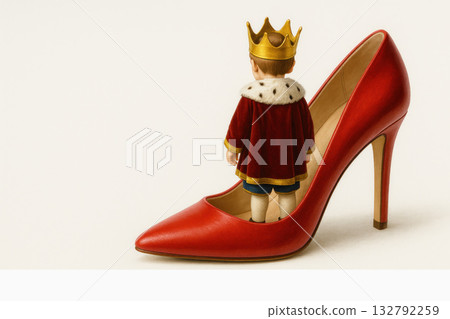 The little king stands inside a woman's heeled shoe. Space for text. The little king stands inside a woman's heeled shoe. Space for text. 132792259