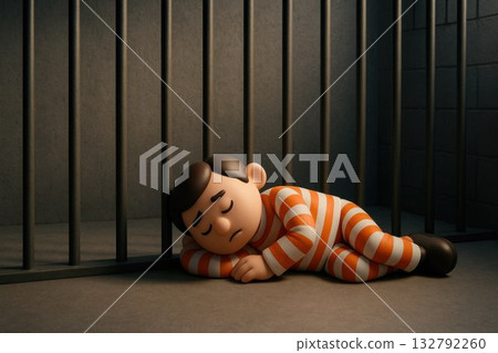A caricature prisoner sleeps on the floor of a prison cell. A caricature prisoner sleeps on the floor of a prison cell. 132792260