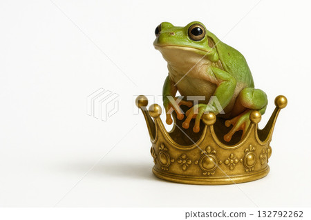 A green frog sits on a golden crown. Space for text. 132792262