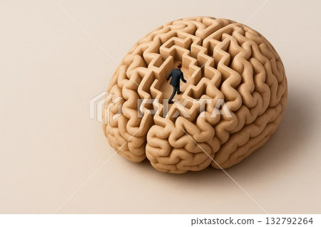 A labyrinth on the surface of the brain, symbolizing the complexity of thinking. Space for text. 132792264