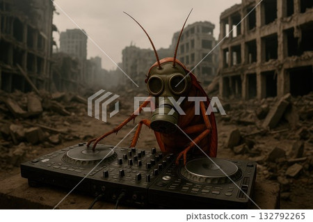 A cockroach in a gas mask DJing among the ruins. Space for text. A cockroach in a gas mask DJing among the ruins. Space for text. 132792265