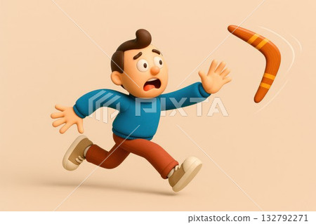 An animated character is chasing a flying boomerang. Space for text. An animated character is chasing a flying boomerang. Space for text. 132792271