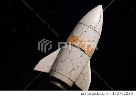 A rocket with a crack and a band-aid in space. Space for text. 132792280