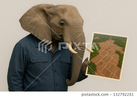An elephant holds a photo of a felled forest, standing on two legs. 132792281