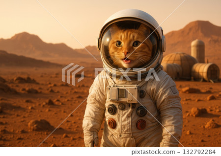 An astronaut cat on the surface of Mars in a spacesuit. 132792284