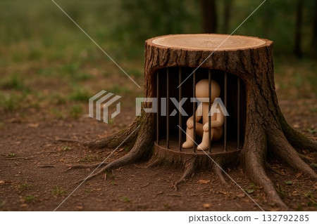 Figure in a cage from the stump of a tree in the forest. Space for text. 132792285