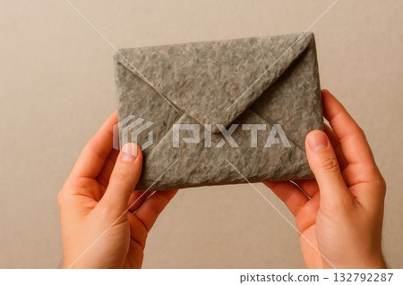 Stone letter in hands on a neutral background. Space for text. 132792287