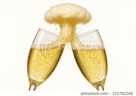 Two glasses of champagne collide to form a foamy cloud. Two glasses of champagne collide to form a foamy cloud. 132792288