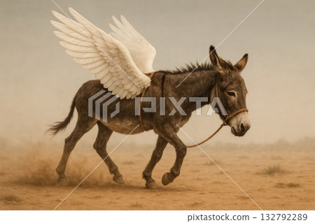 A donkey with wings runs across a desert plain. A donkey with wings runs across a desert plain. 132792289