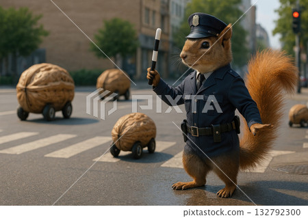 A policeman squirrel regulates the movement of nut cars. 132792300